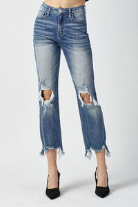 RISEN High Waist Distressed Frayed Hem Cropped Straight Jeans - Jessiz Boutique