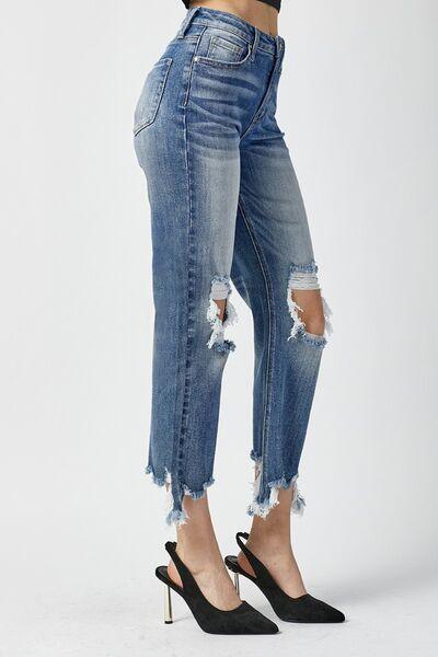 RISEN High Waist Distressed Frayed Hem Cropped Straight Jeans - Jessiz Boutique