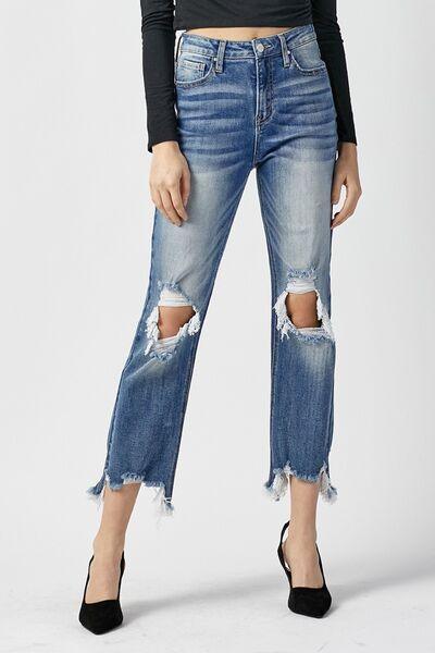 RISEN High Waist Distressed Frayed Hem Cropped Straight Jeans - Jessiz Boutique