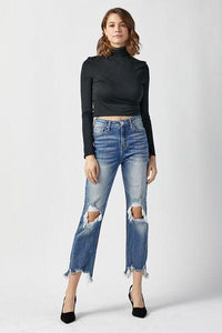 RISEN High Waist Distressed Frayed Hem Cropped Straight Jeans - Jessiz Boutique