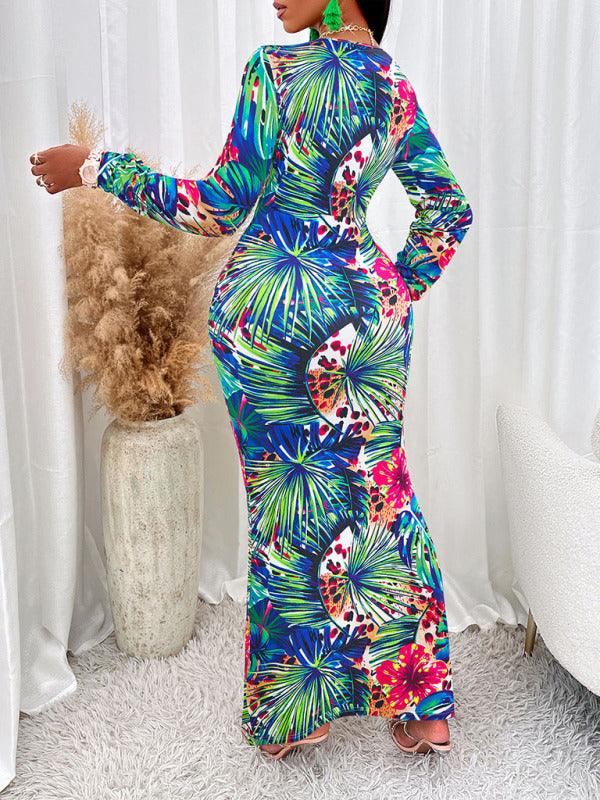 V-neck Waisted Slit Long-Sleeved Dress - Jessiz Boutique