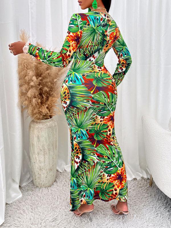 V-neck Waisted Slit Long-Sleeved Dress - Jessiz Boutique
