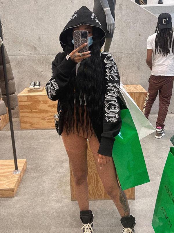 Zippered Letter Print Hoodie - Jessiz Boutique